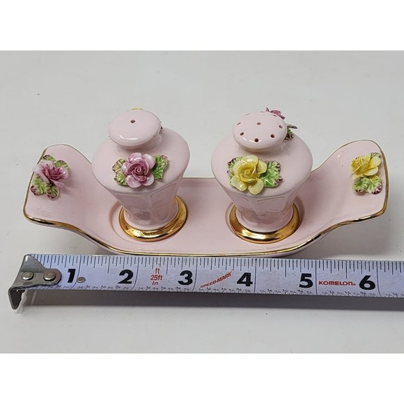 Vintage Five Towns China (England) Salt Pepper Shakers With Tray Red Yellow Rose - Picture 13 of 14